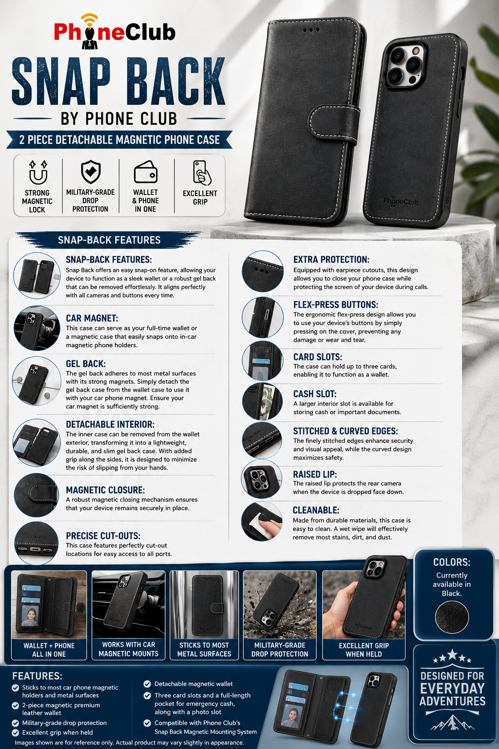 Snap Back by Phone Club: 2-Piece Magnetic Premium Phone Protection Wallet