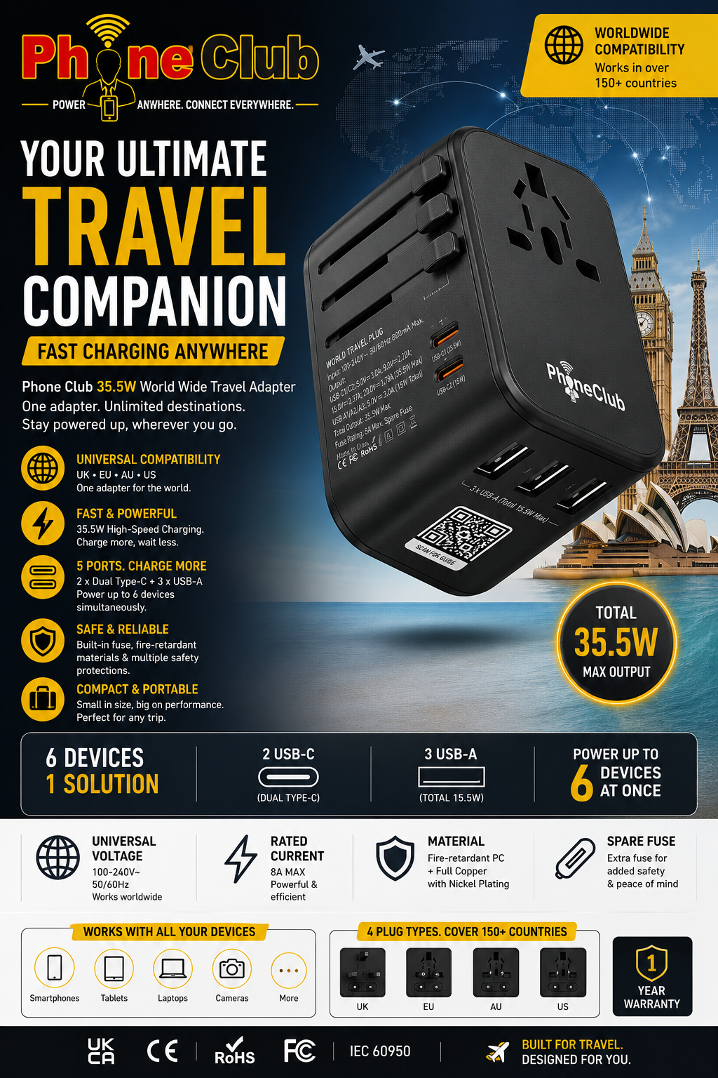 Phone Club 35.5W World Wide Travel Adapter