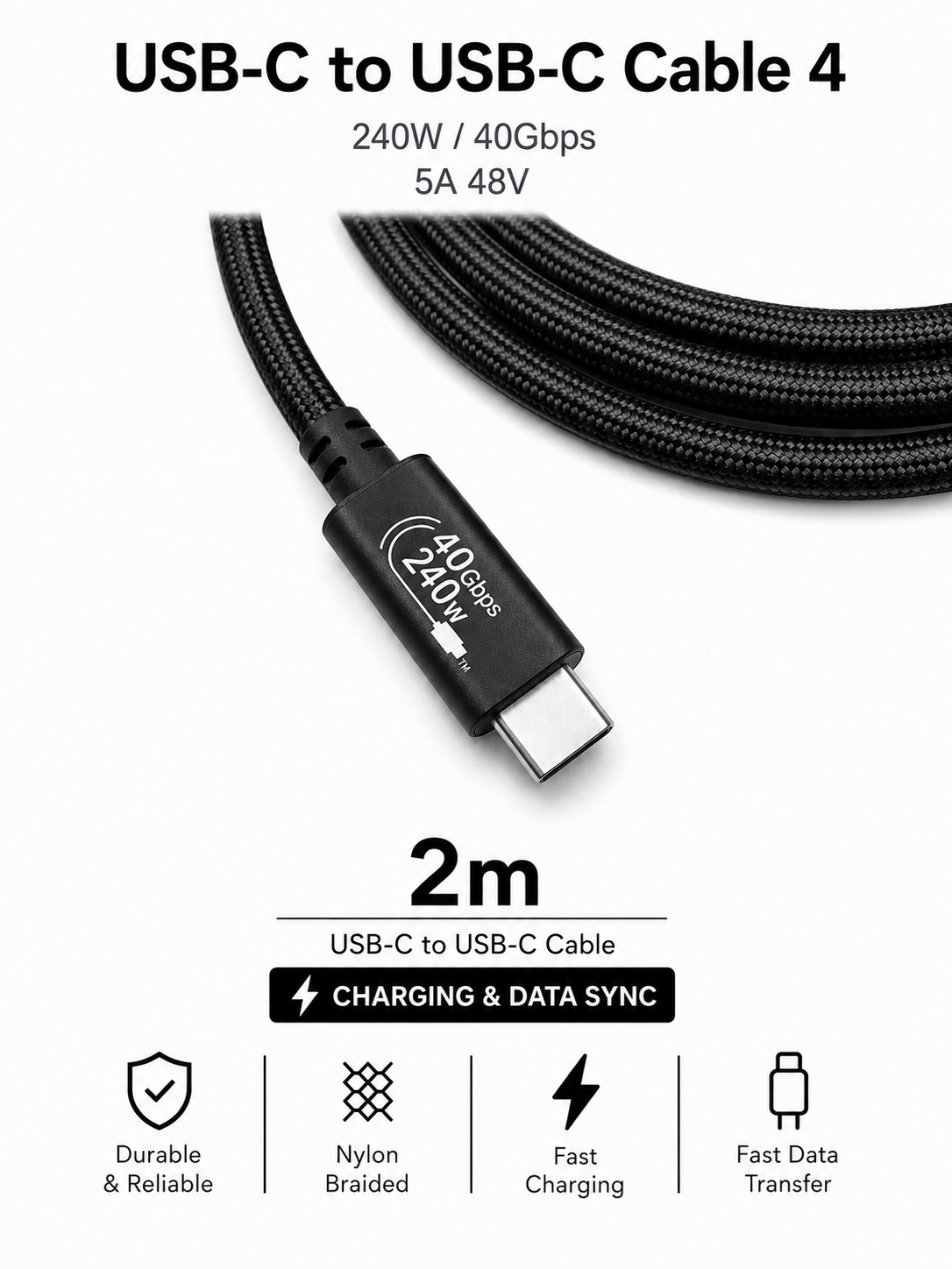 PHONE CLUB 2M (6.6ft) 240W USB-C to USB-C Usb4 Data Cable