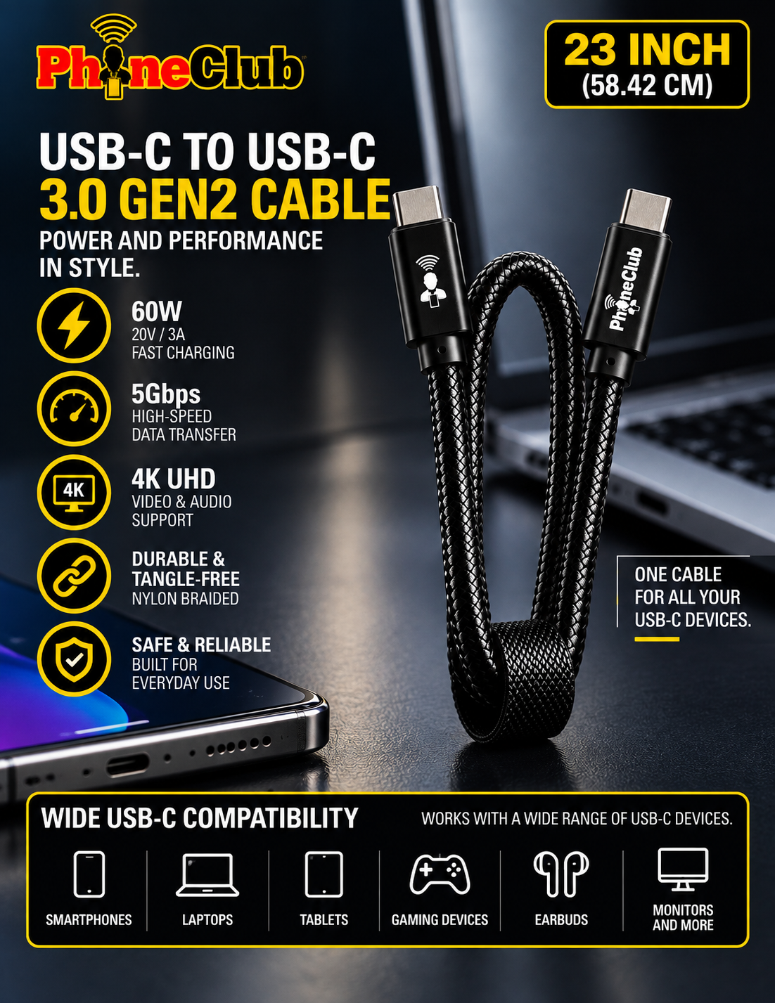 PHONE CLUB 58.42CM (23”) USB-C to USB-C 3.1 Gen2 Cable