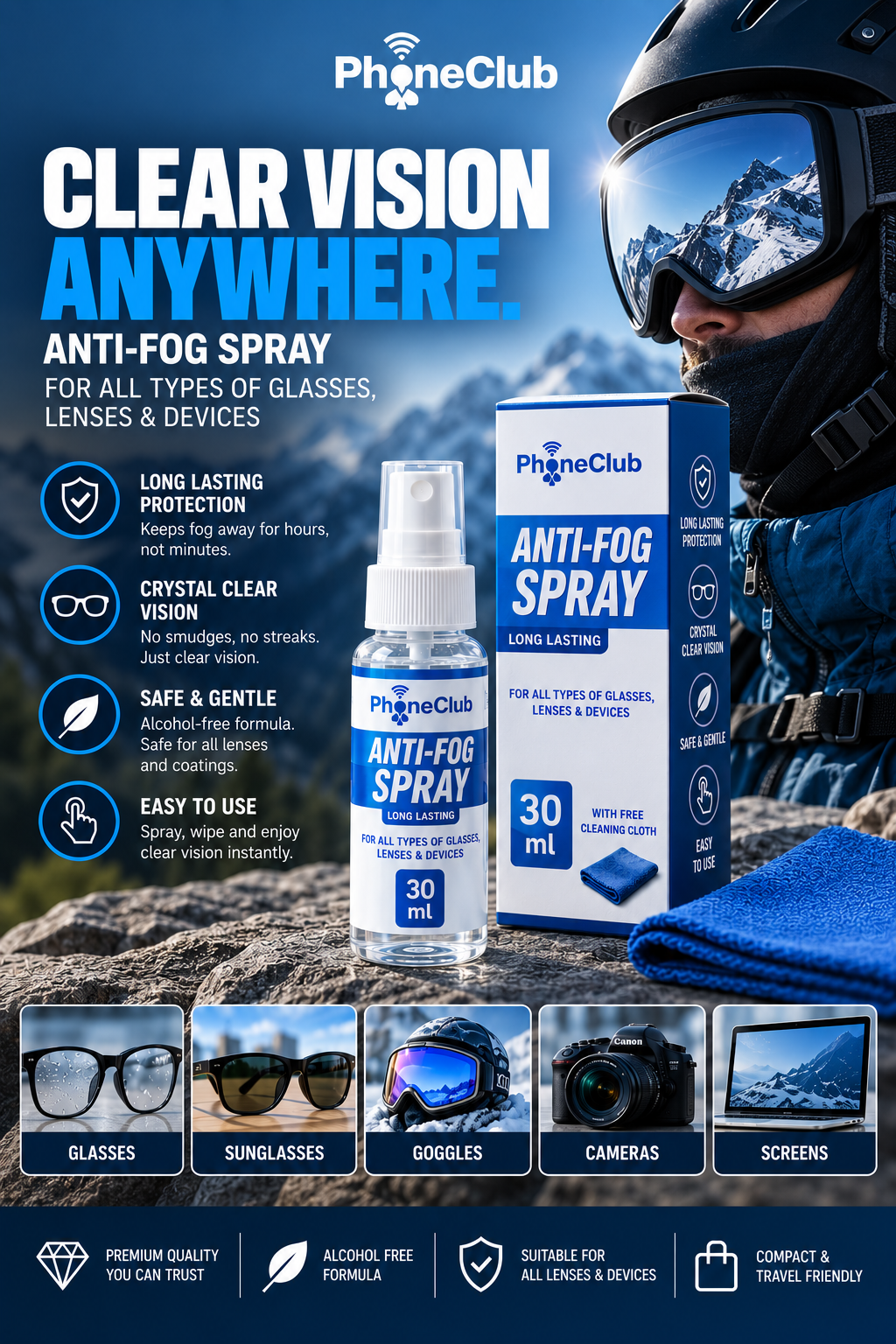 Phone Club 30ml Eyeglasses Anti-Fog Cleaning Spray