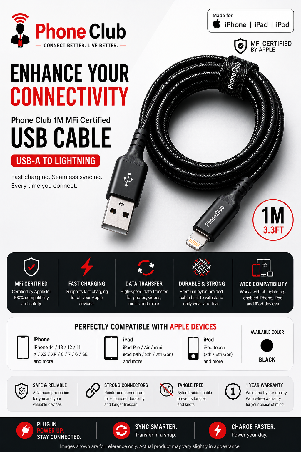 Phone Club 1M MFi Certified USB Cable (USB-A to Lightning)