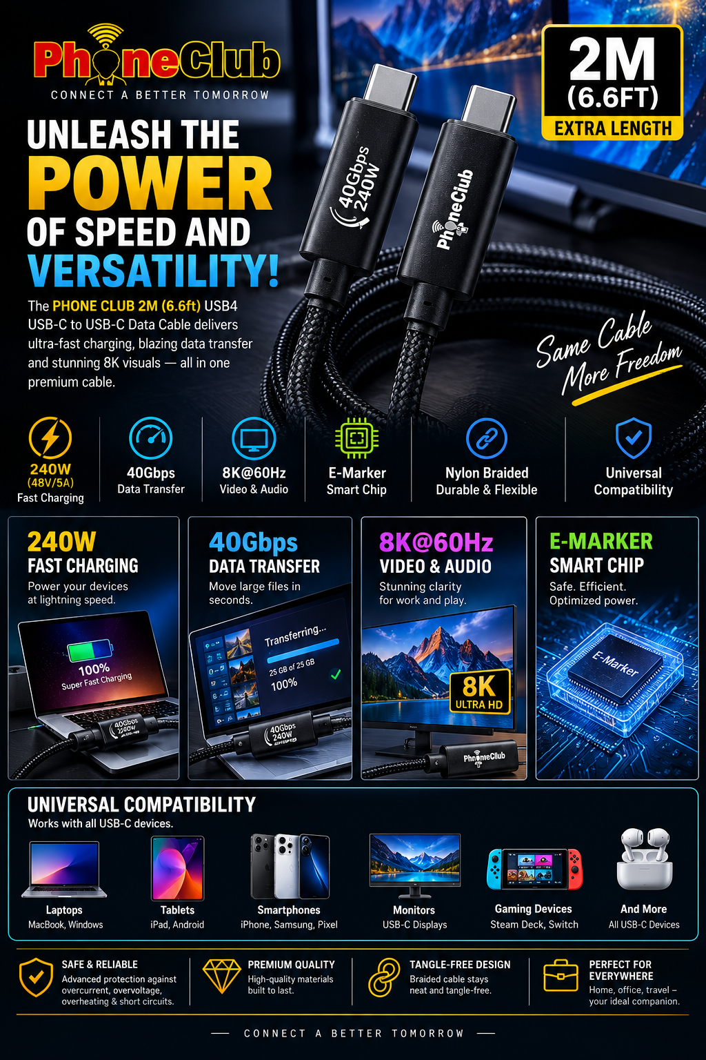 PHONE CLUB 2M (6.6ft) 240W USB-C to USB-C Usb4 Data Cable