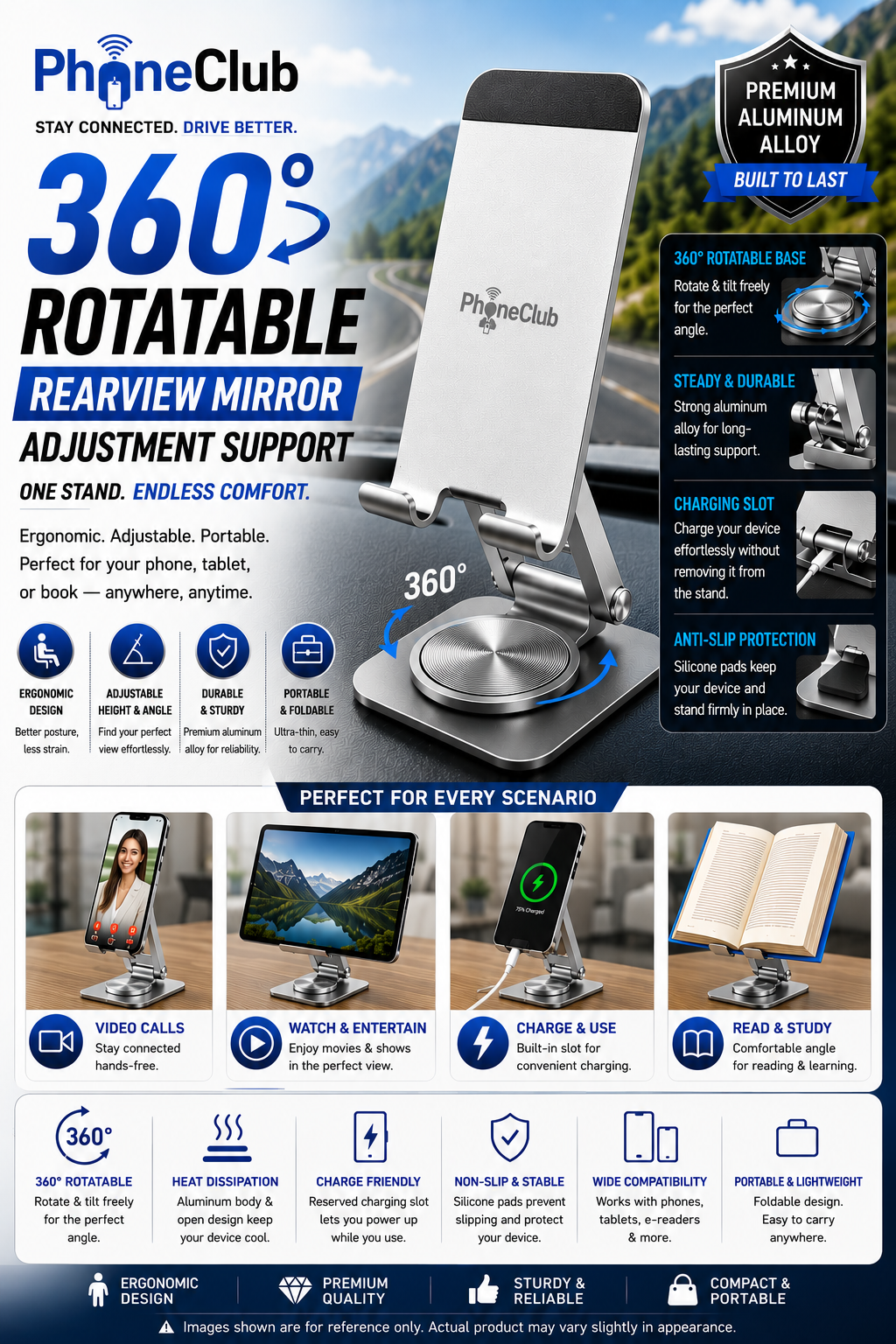PHONE CLUB 360 Degree Rotatable Rearview Mirror Adjustment Support