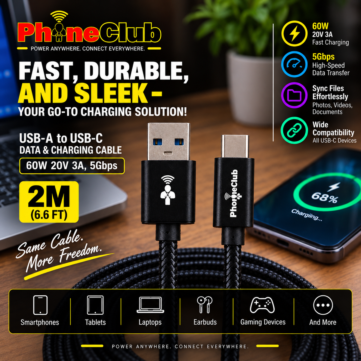 PHONE CLUB 2M (6.6ft) Nylon Braided USB-A to USB-C Cable