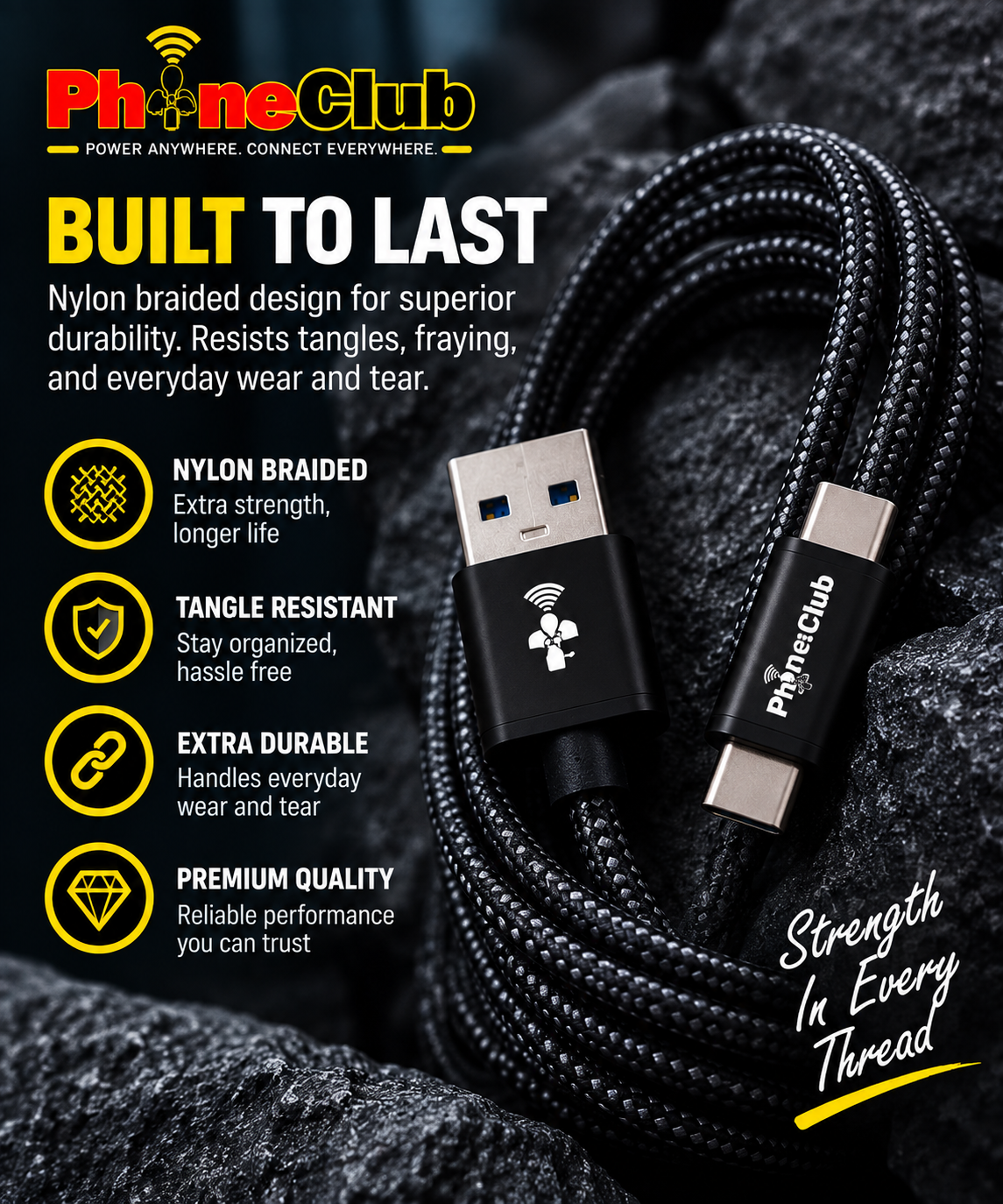 PHONE CLUB 1M (3.3ft) Nylon Braided USB-A to USB-C Cable