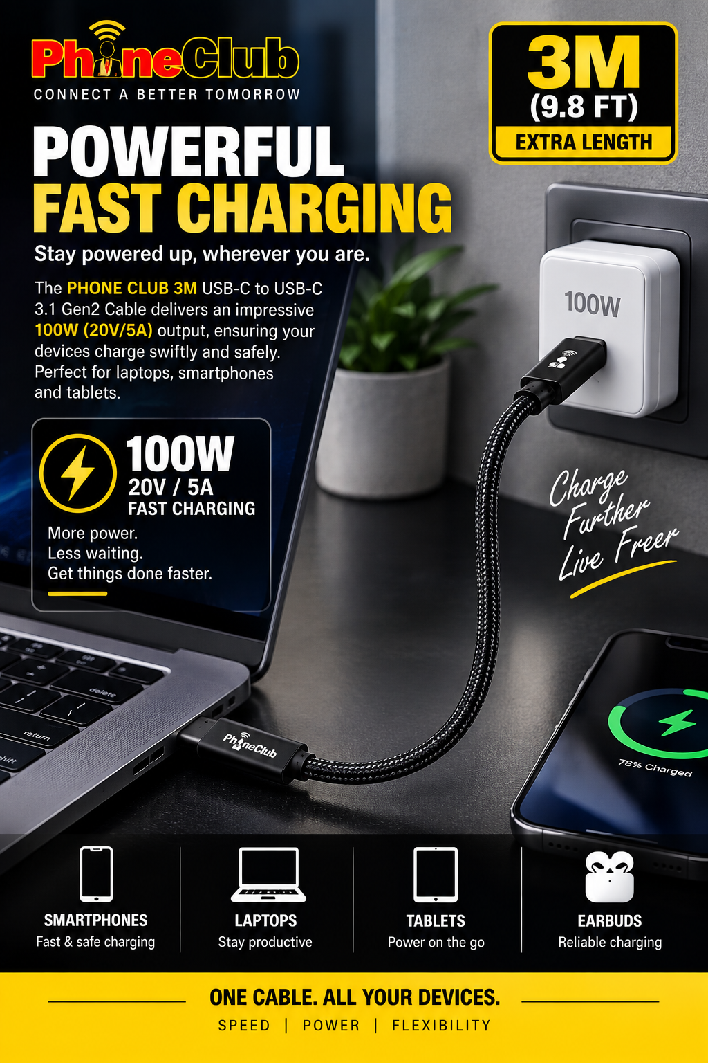 PHONE CLUB 3M Nylon Braided USB-C to USB-C 3.1 Gen2 Cable