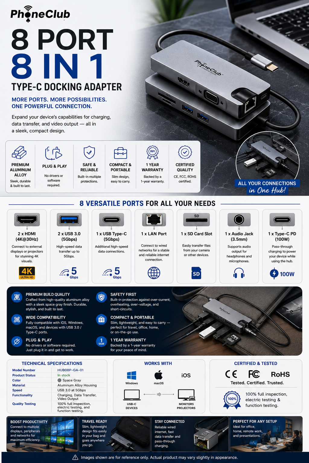 Phone Club 8 Port 8 in 1 Type-C Docking Adapter
