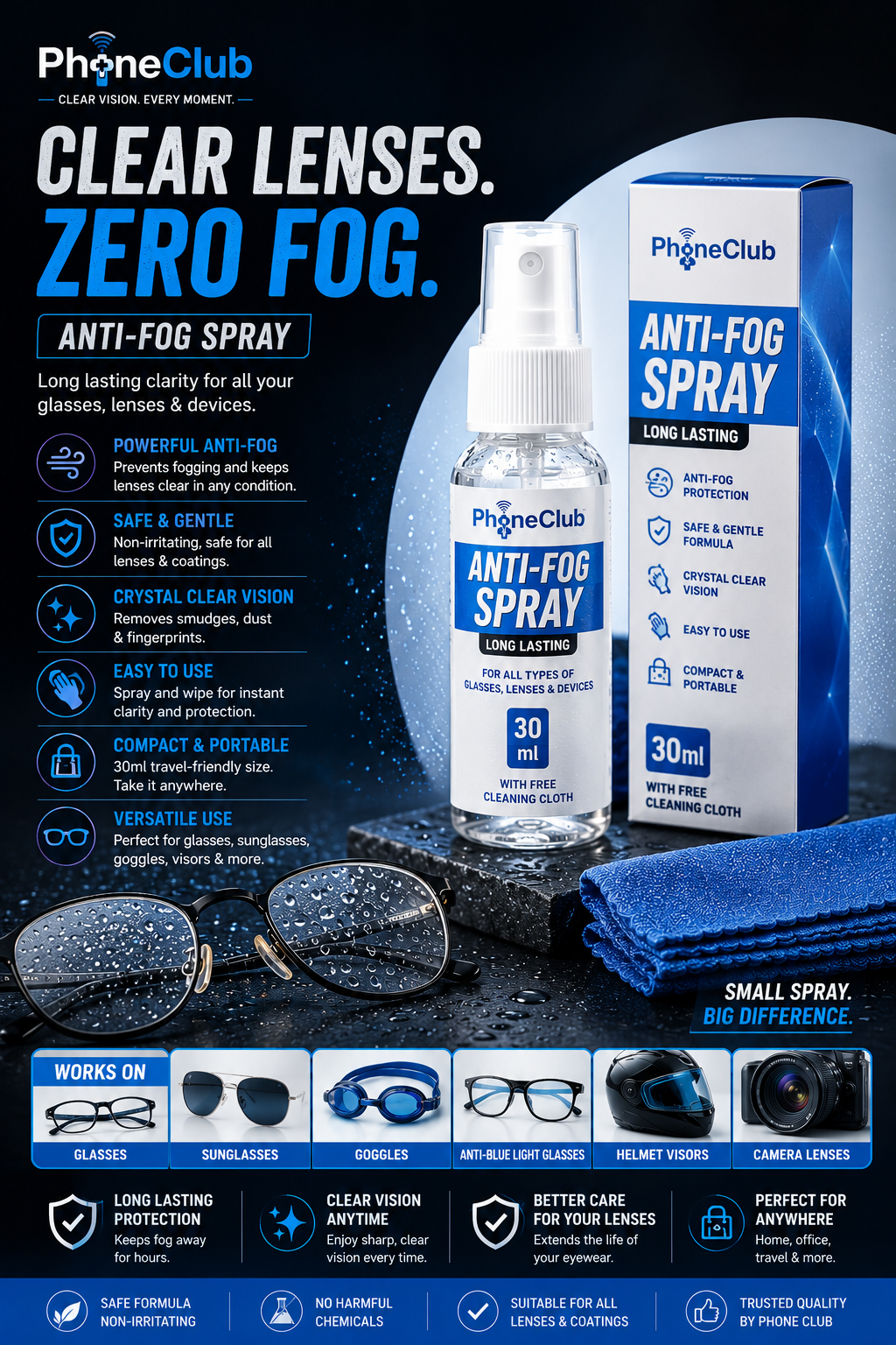 Phone Club 30ml Eyeglasses Anti-Fog Cleaning Spray