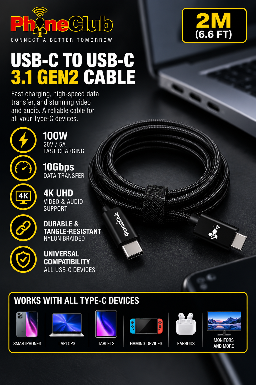 PHONE CLUB 2M (6.6ft) USB-C to USB-C 3.1 Gen2 Cable