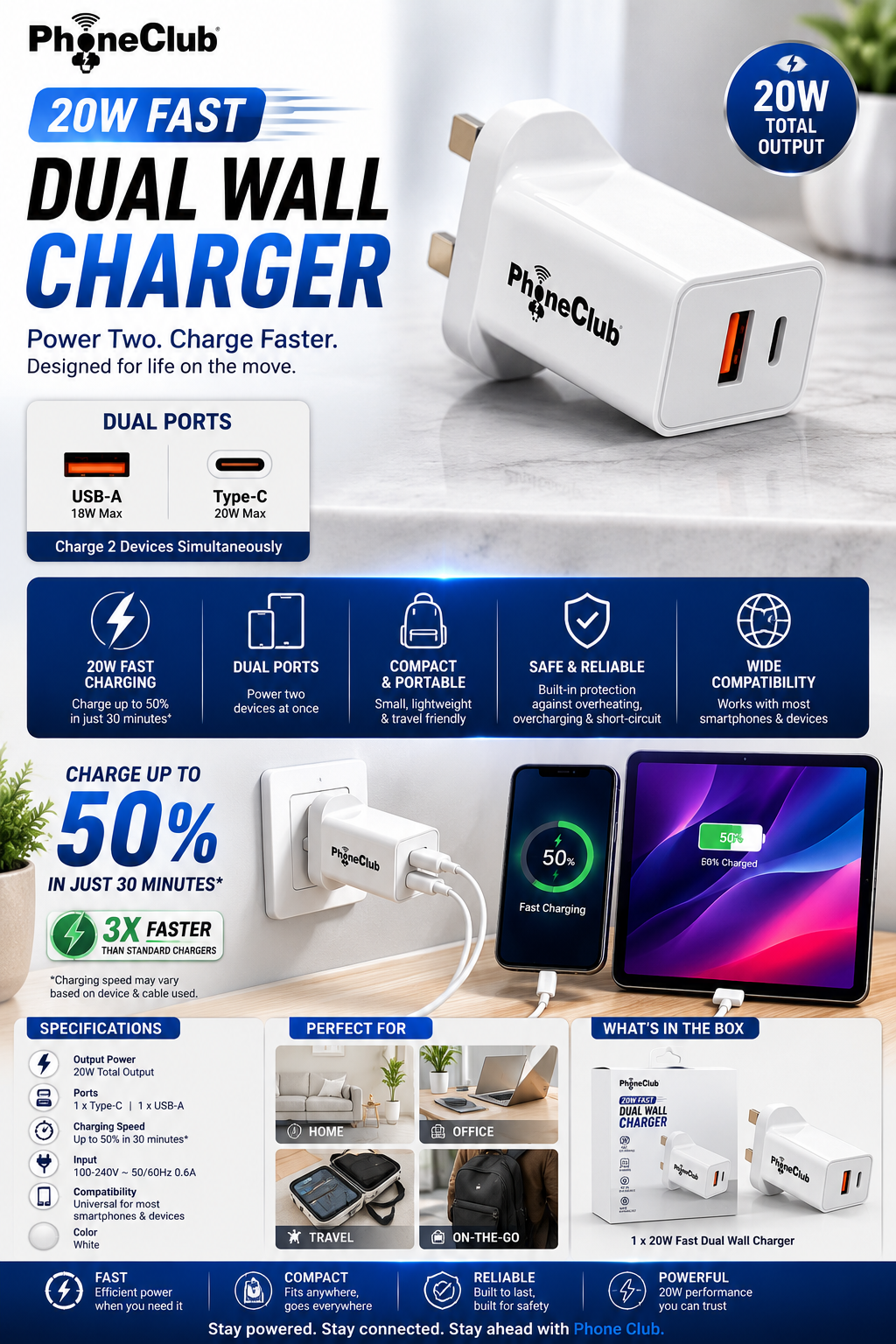 Phone Club 20W Fast Dual Wall Charger