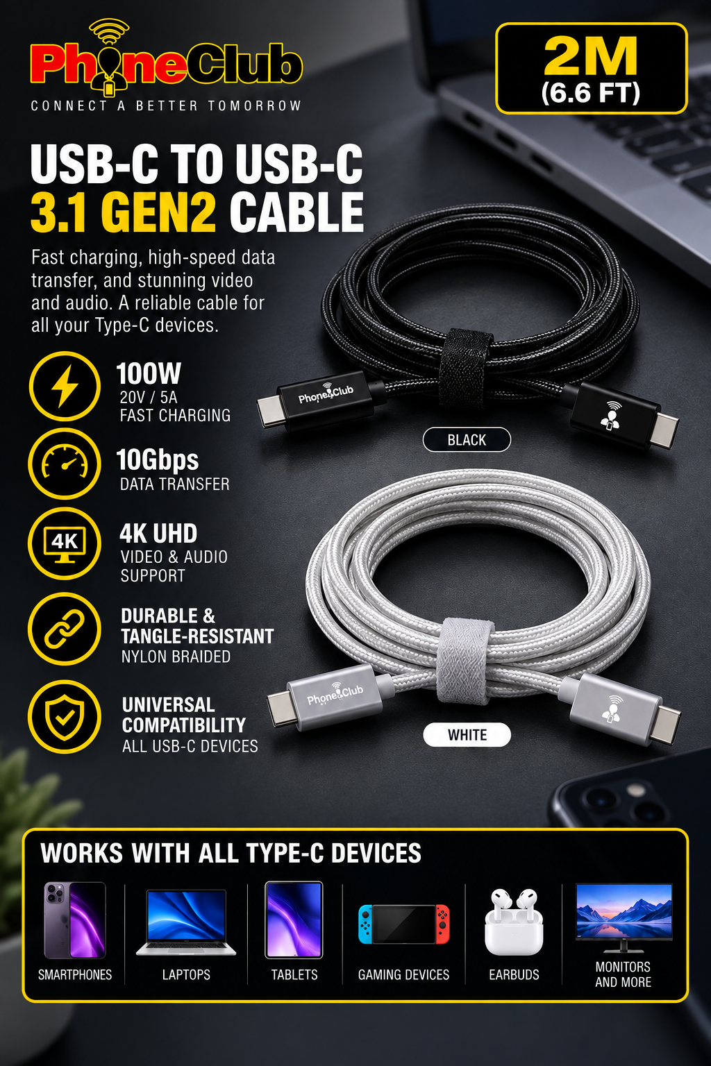 PHONE CLUB 2M (6.6ft) USB-C to USB-C 3.1 Gen2 Cable