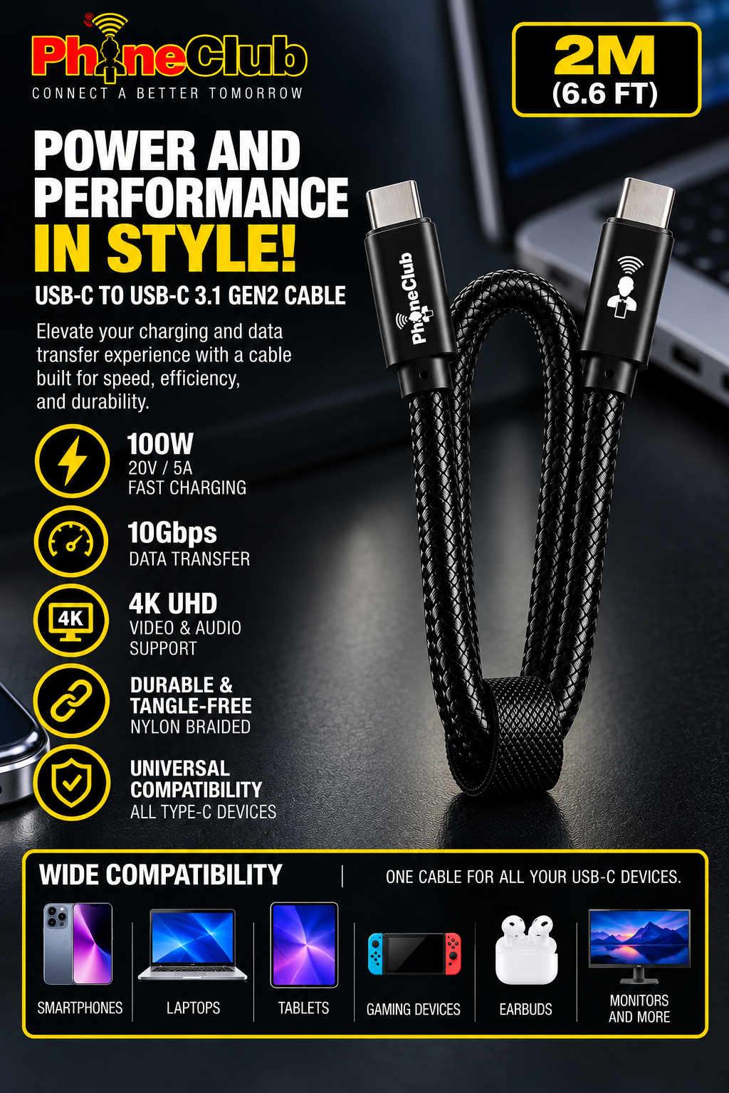 PHONE CLUB 2M (6.6ft) USB-C to USB-C 3.1 Gen2 Cable