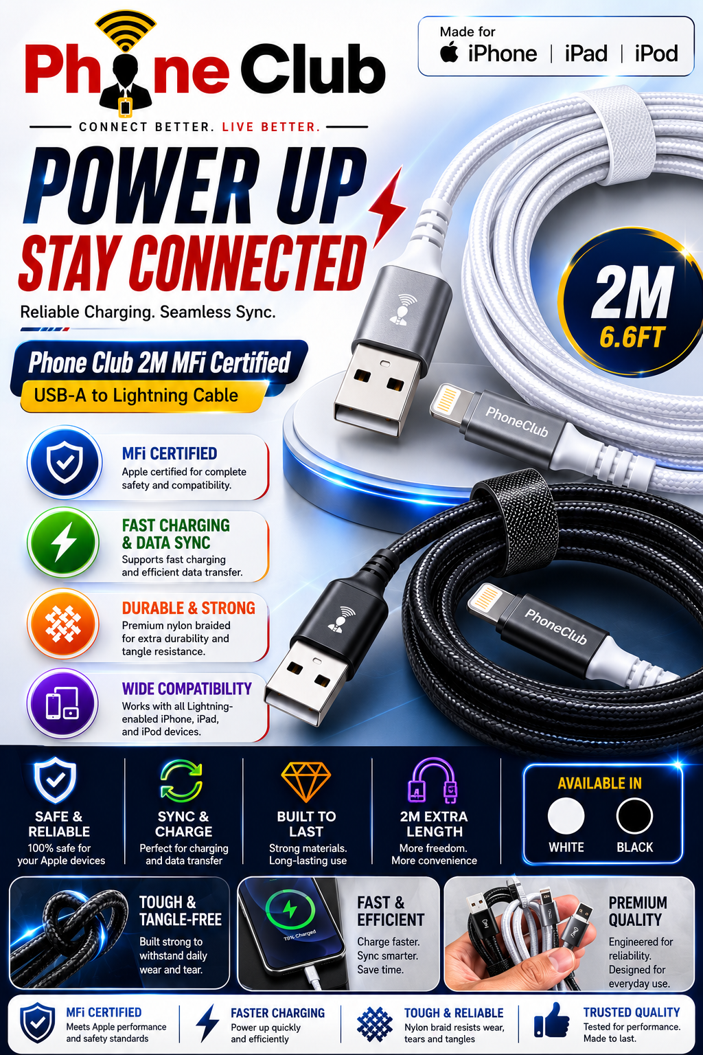 Phone Club 2M MFi Certified USB Cable (USB-A to Lightning)