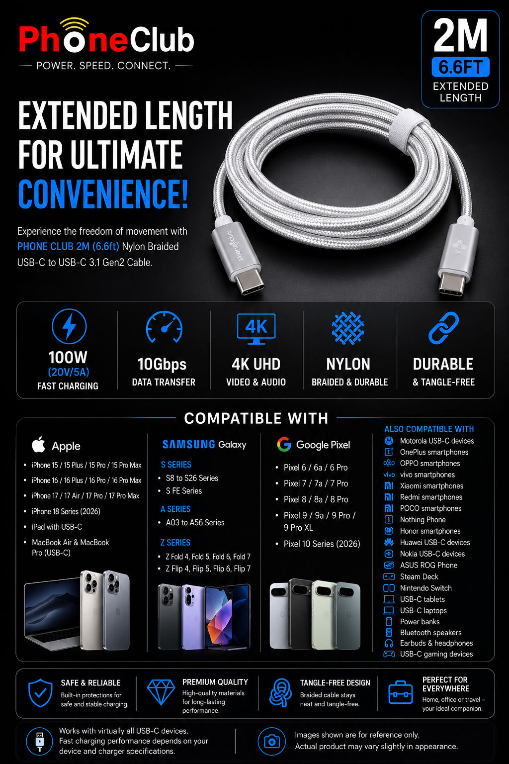 PHONE CLUB 2M (6.6ft) USB-C to USB-C 3.1 Gen2 Cable