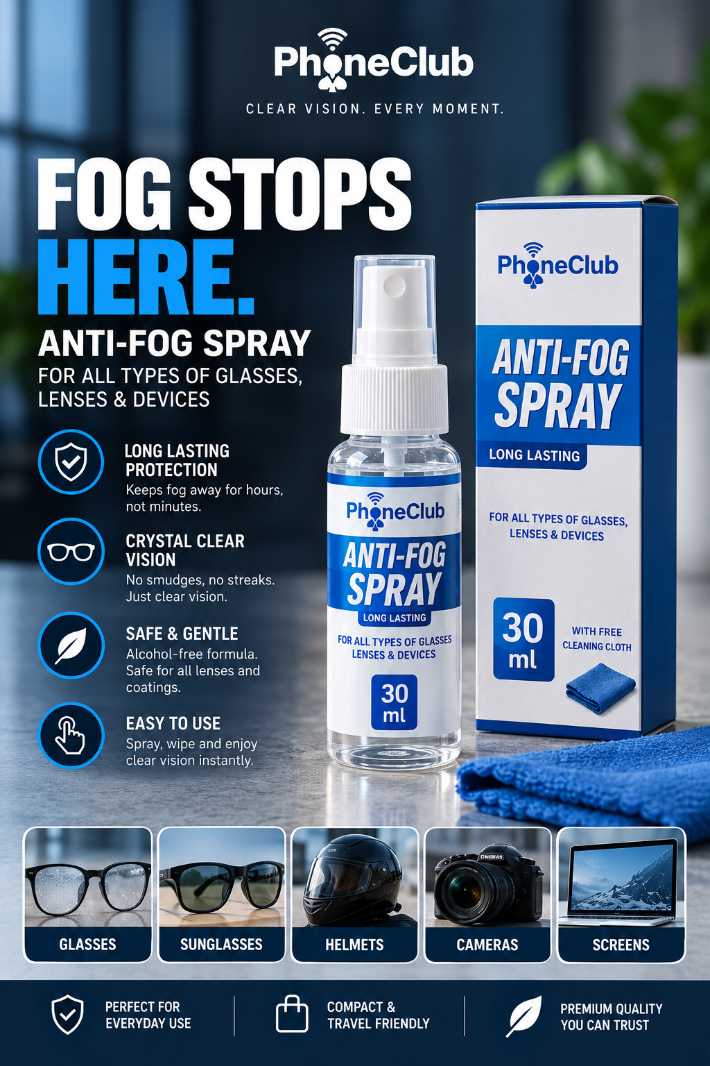 Phone Club 30ml Eyeglasses Anti-Fog Cleaning Spray