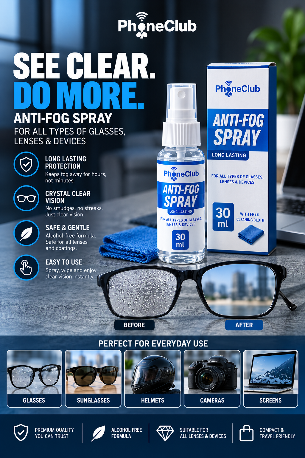 Phone Club 30ml Eyeglasses Anti-Fog Cleaning Spray