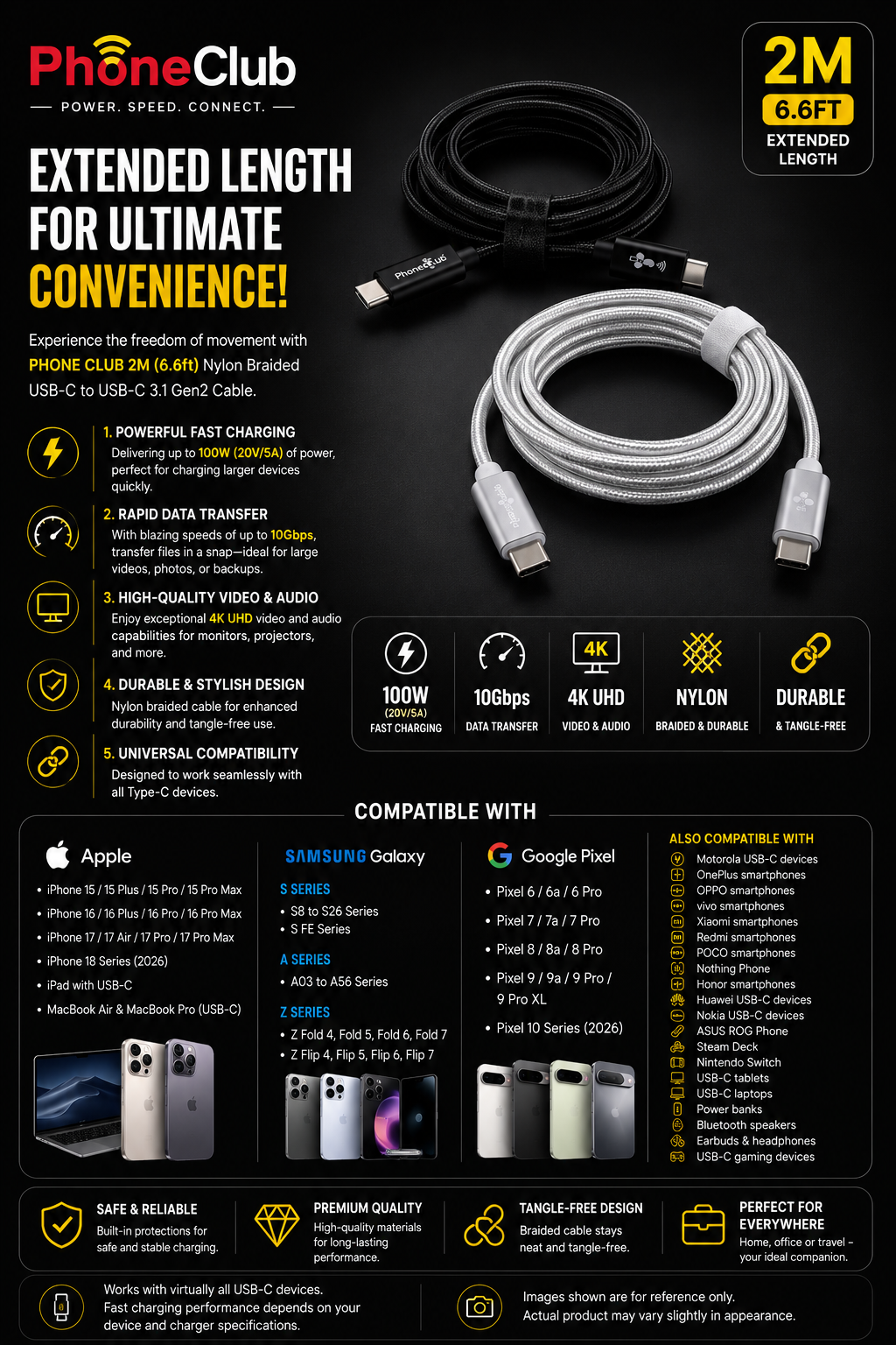 PHONE CLUB 2M (6.6ft) USB-C to USB-C 3.1 Gen2 Cable