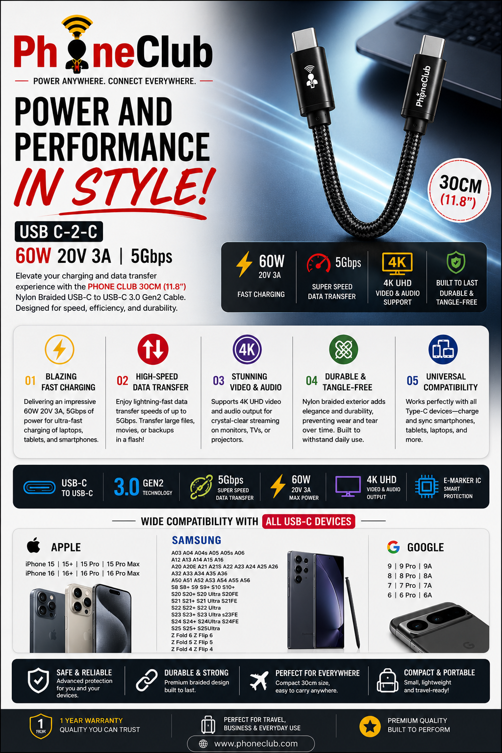 PHONE CLUB 30CM (11.8”) USB-A to USB-C 3.1 Gen2 Cable
