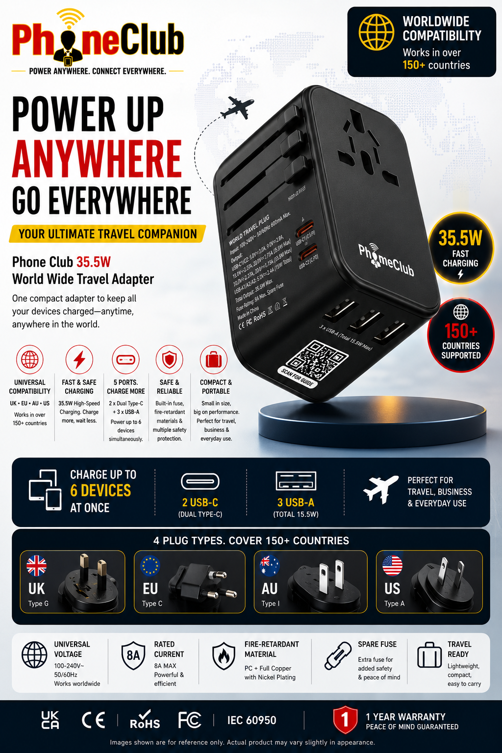 Phone Club 35.5W World Wide Travel Adapter