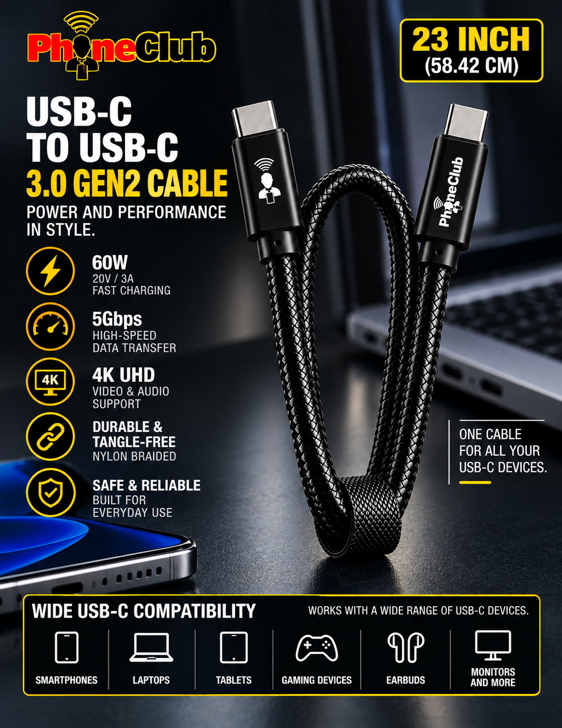 PHONE CLUB 58.42CM (23β) USB-C to USB-C 3.1 Gen2 Cable
