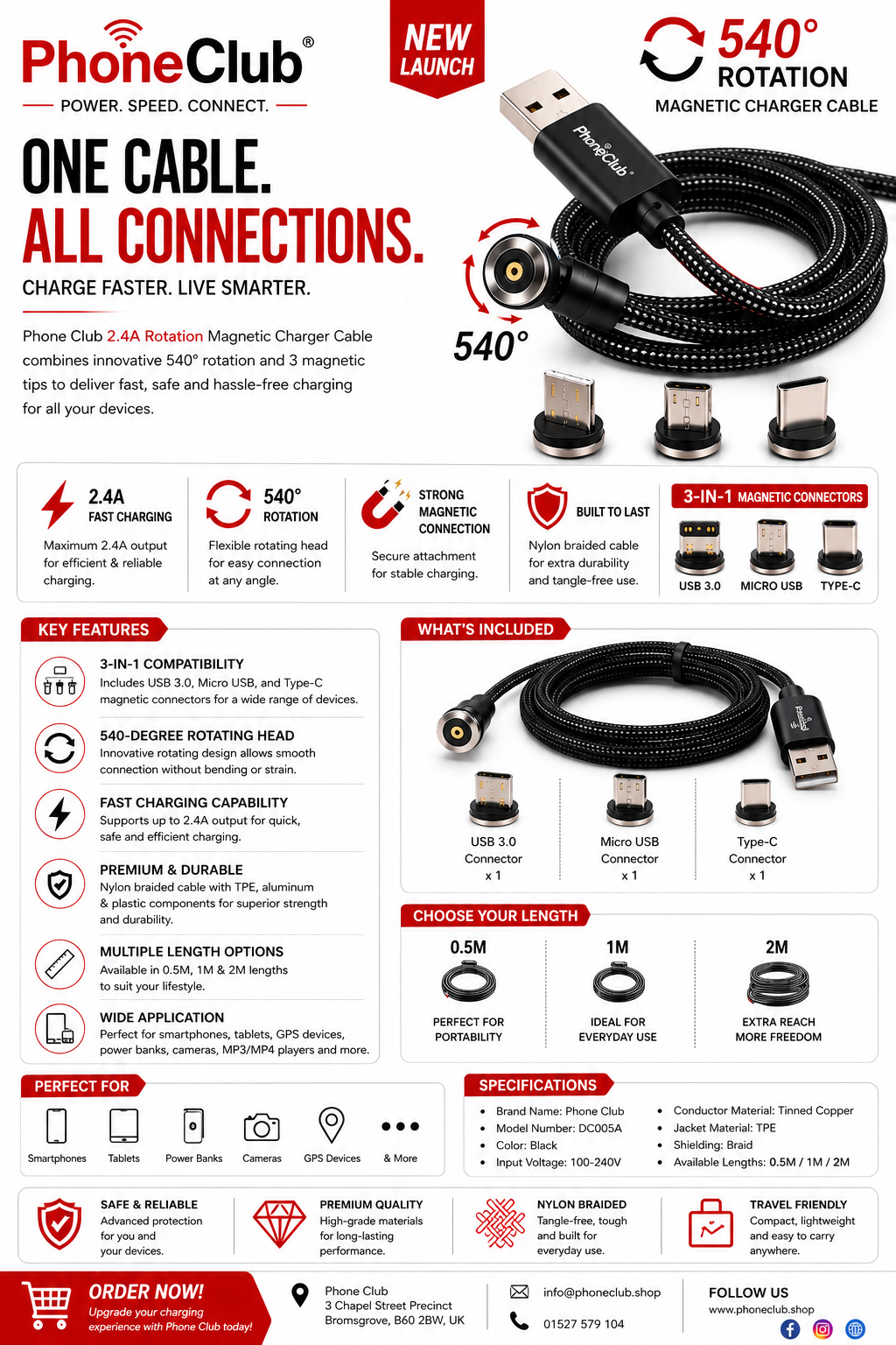 Phone Club 540-Degree Rotation 3-in-1 Magnetic Charger Cable!