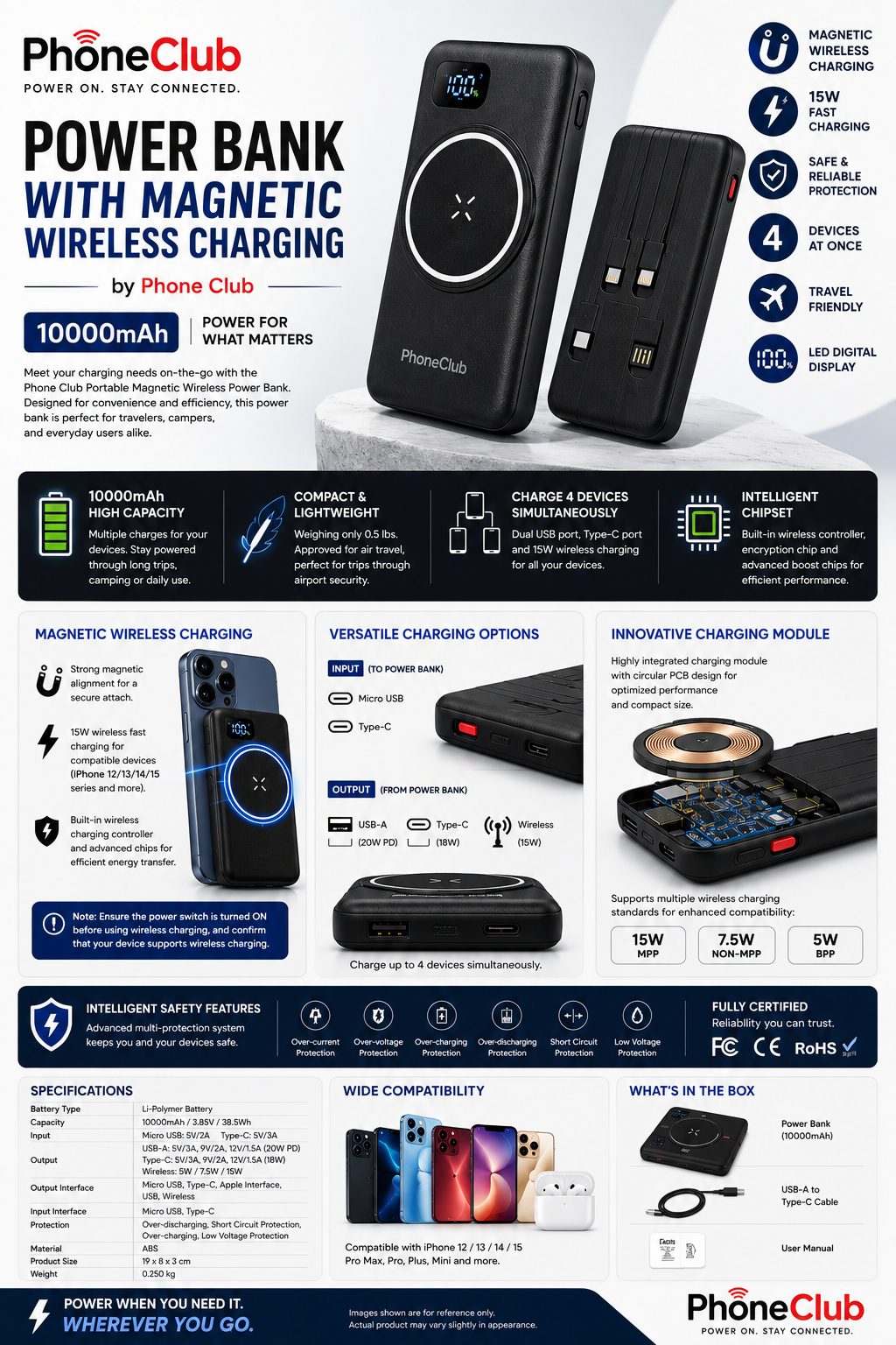 Phone Club Portable Magnetic Wireless 10000mAh Power Bank