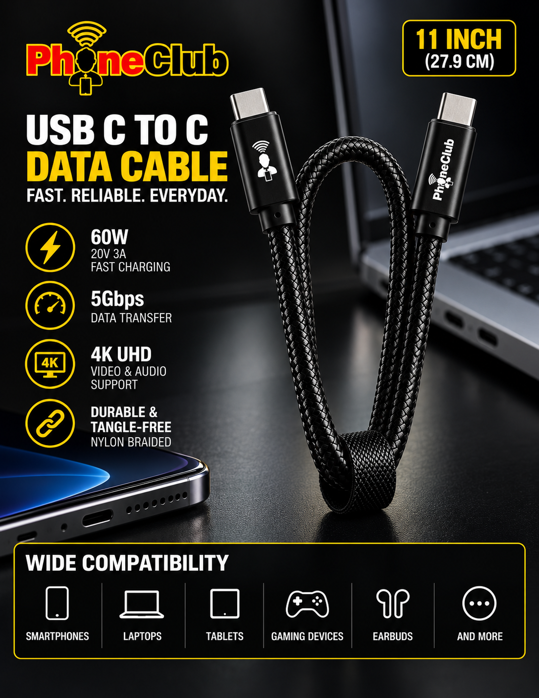 PHONE CLUB 27.94CM (11”) USB-C to USB-C 3.1 Gen2 Cable