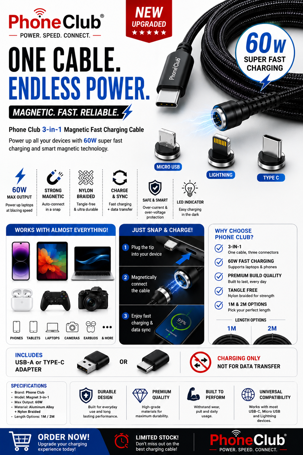 PHONE CLUB 60W Magnetic 3-in-1 Fast Charging Cable