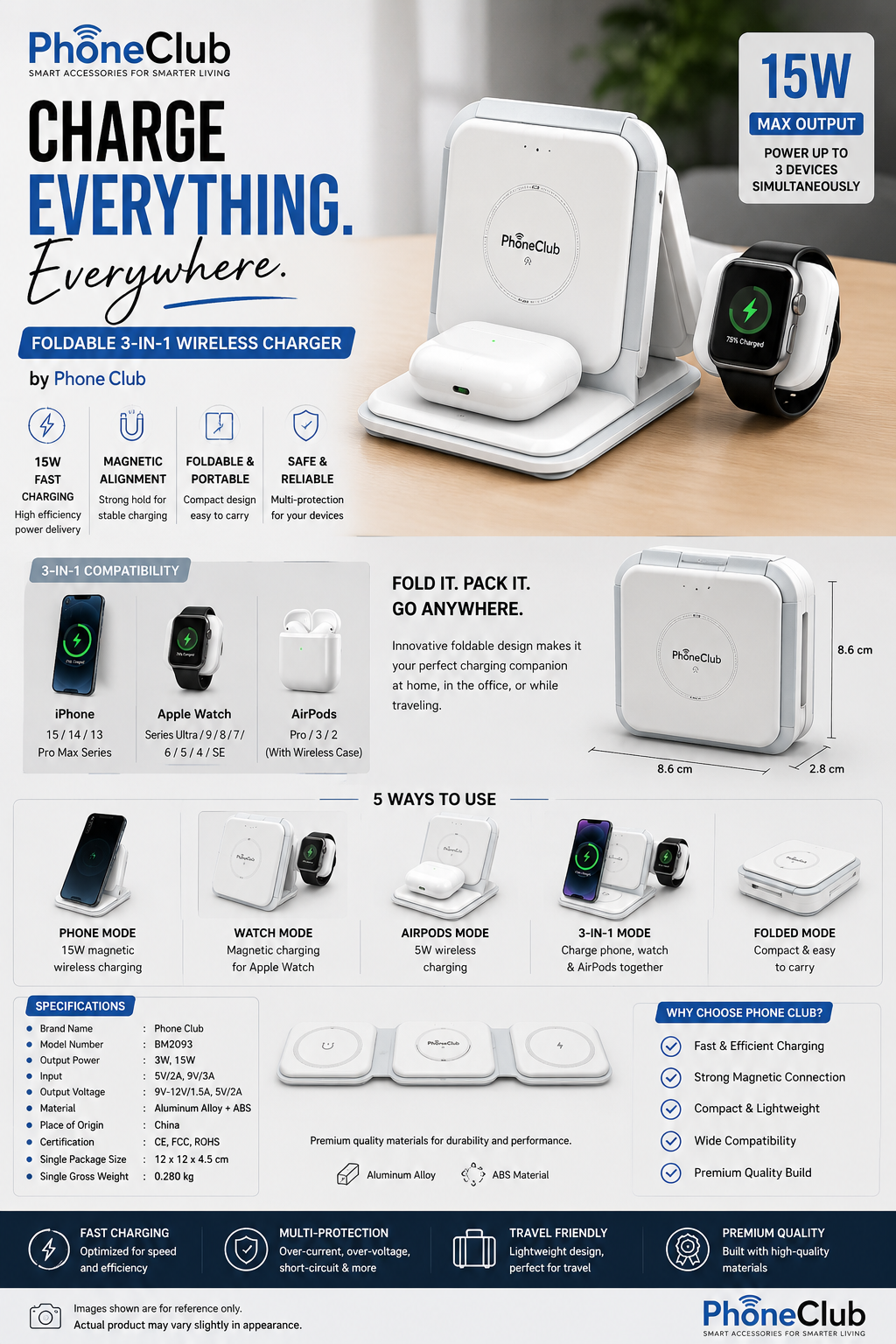 Phone Club Foldable 15W Magnetic Wireless Charger: Your Ultimate 3-in-1 Charging Solution!