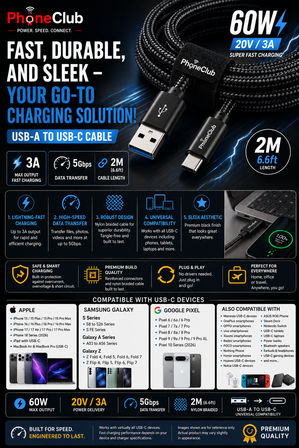 PHONE CLUB 2M (6.6ft) Nylon Braided USB-A to USB-C Cable