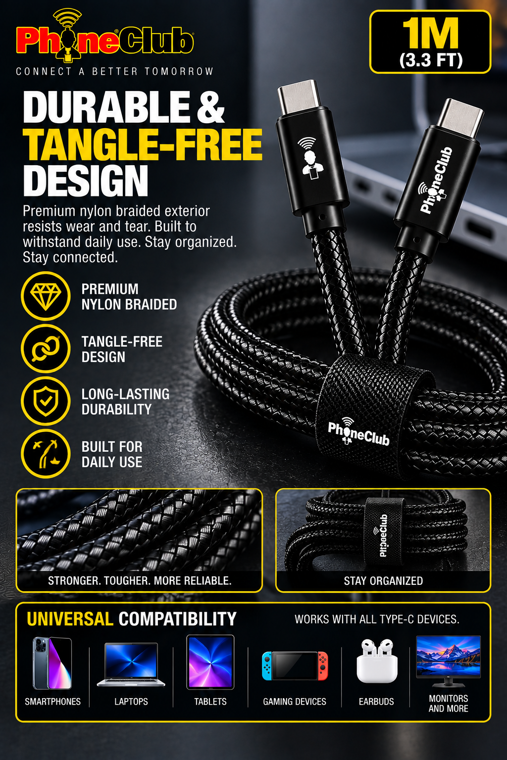 PHONE CLUB 1M (3.3ft) USB-C to USB-C 3.1 Gen2 Cable