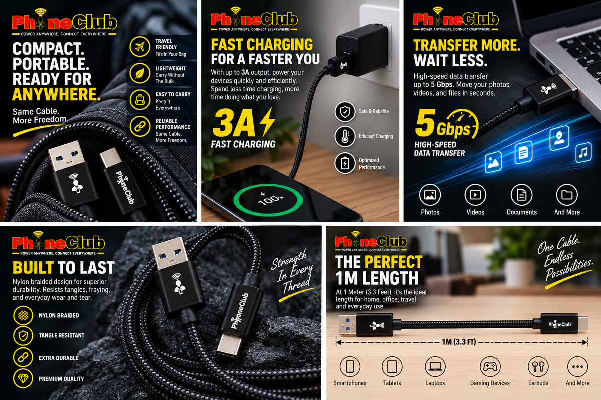 PHONE CLUB 1M (3.3ft) Nylon Braided USB-A to USB-C Cable