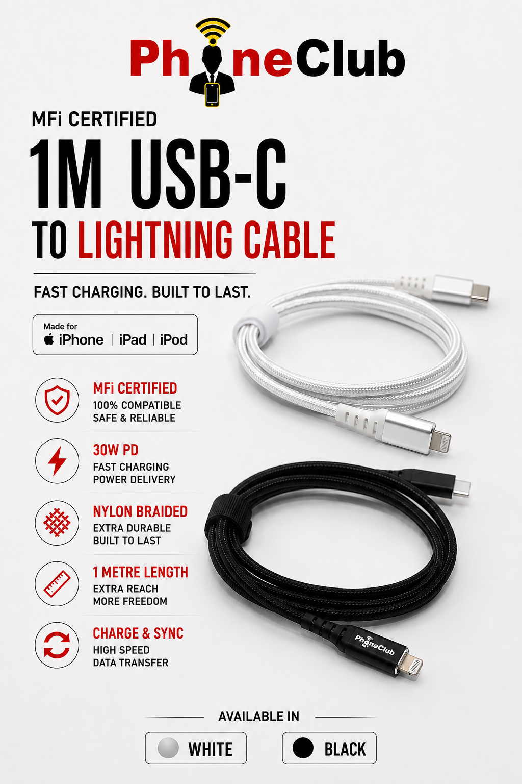 PHONE CLUB 1M MFi Certified USB Cable (Type-C to Lightning)