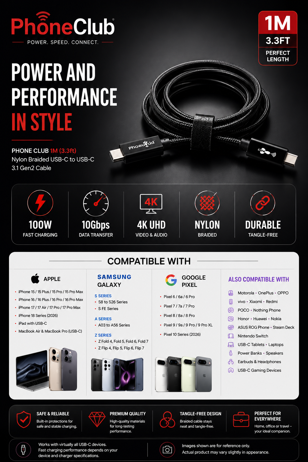 PHONE CLUB 1M (3.3ft) USB-C to USB-C 3.1 Gen2 Cable