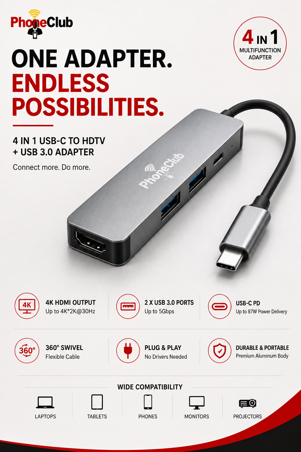 Phone Club 4 Port Type C USB Hub