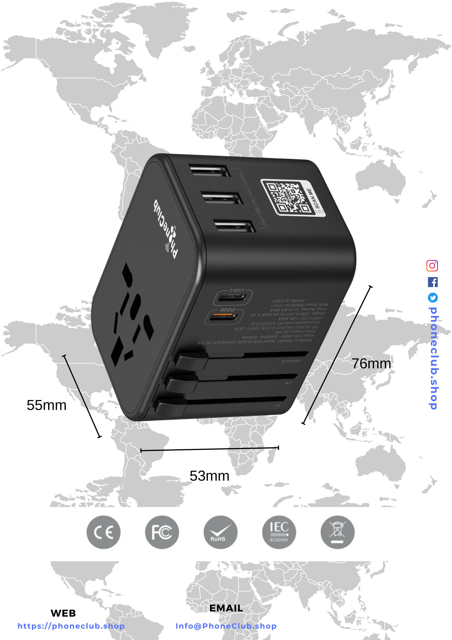 Phone Club 35.5W World Wide Travel Adapter