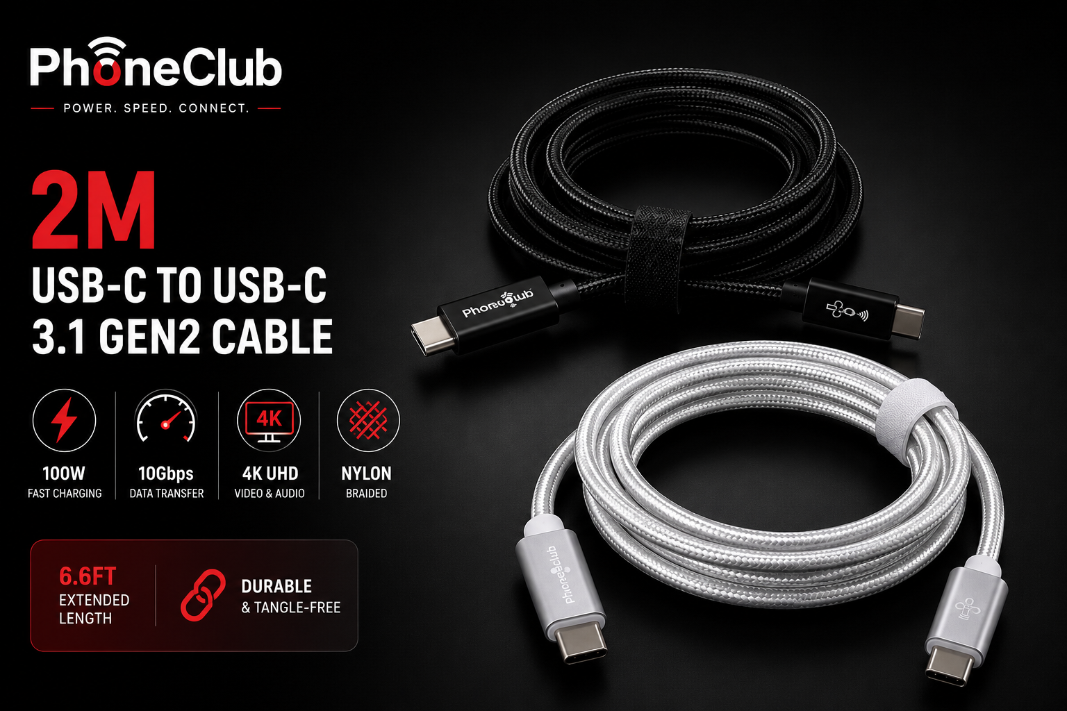 PHONE CLUB 2M (6.6ft) USB-C to USB-C 3.1 Gen2 Cable