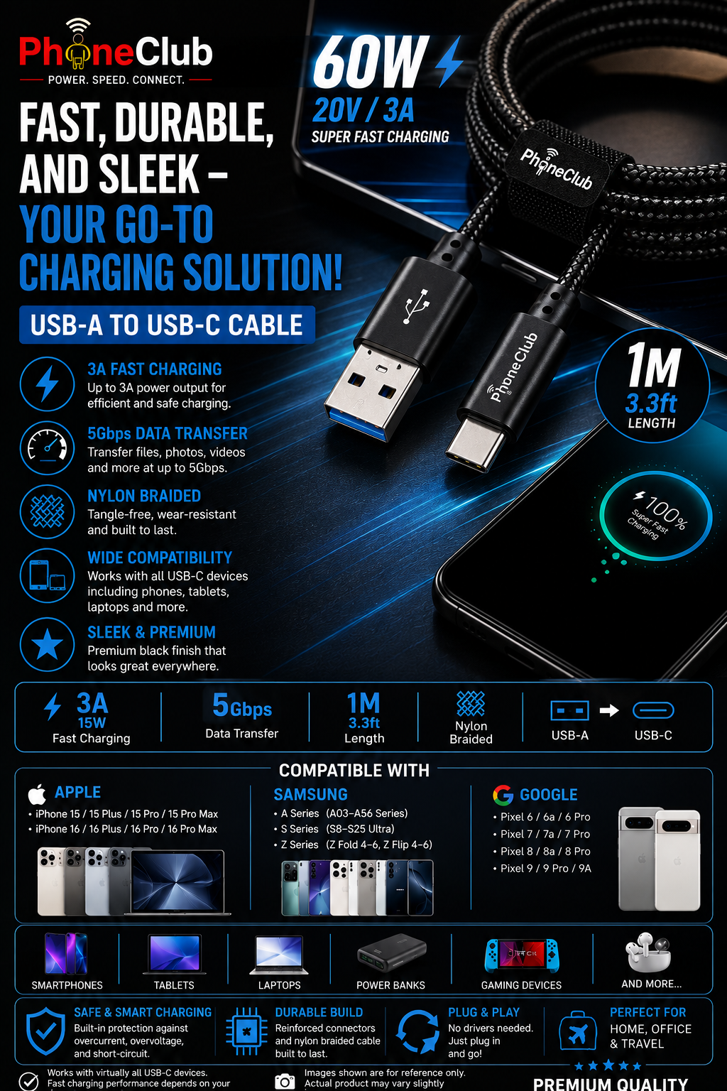 PHONE CLUB 1M (3.3ft) Nylon Braided USB-A to USB-C Cable