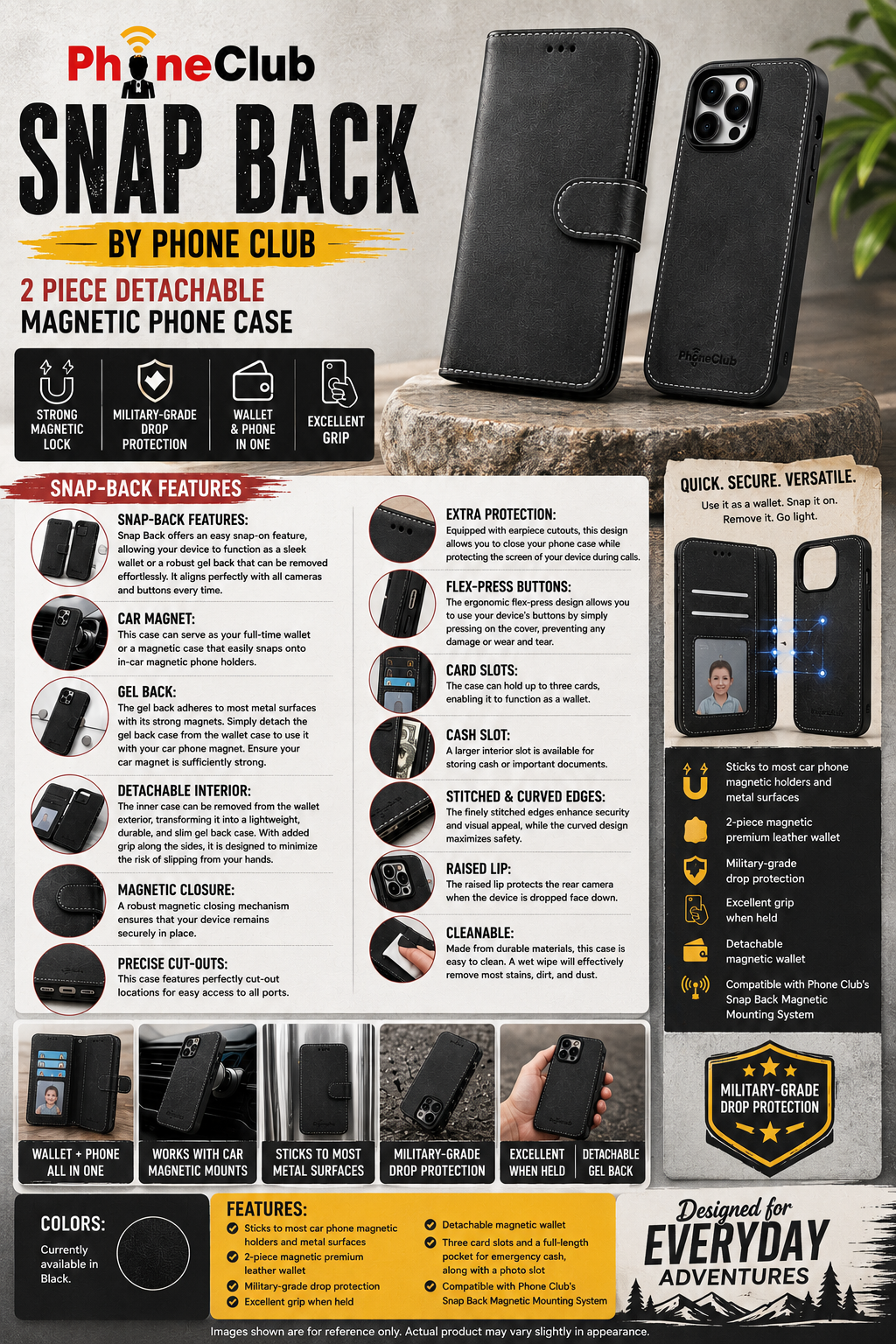 Snap Back by Phone Club: 2-Piece Magnetic Premium Phone Protection Wallet