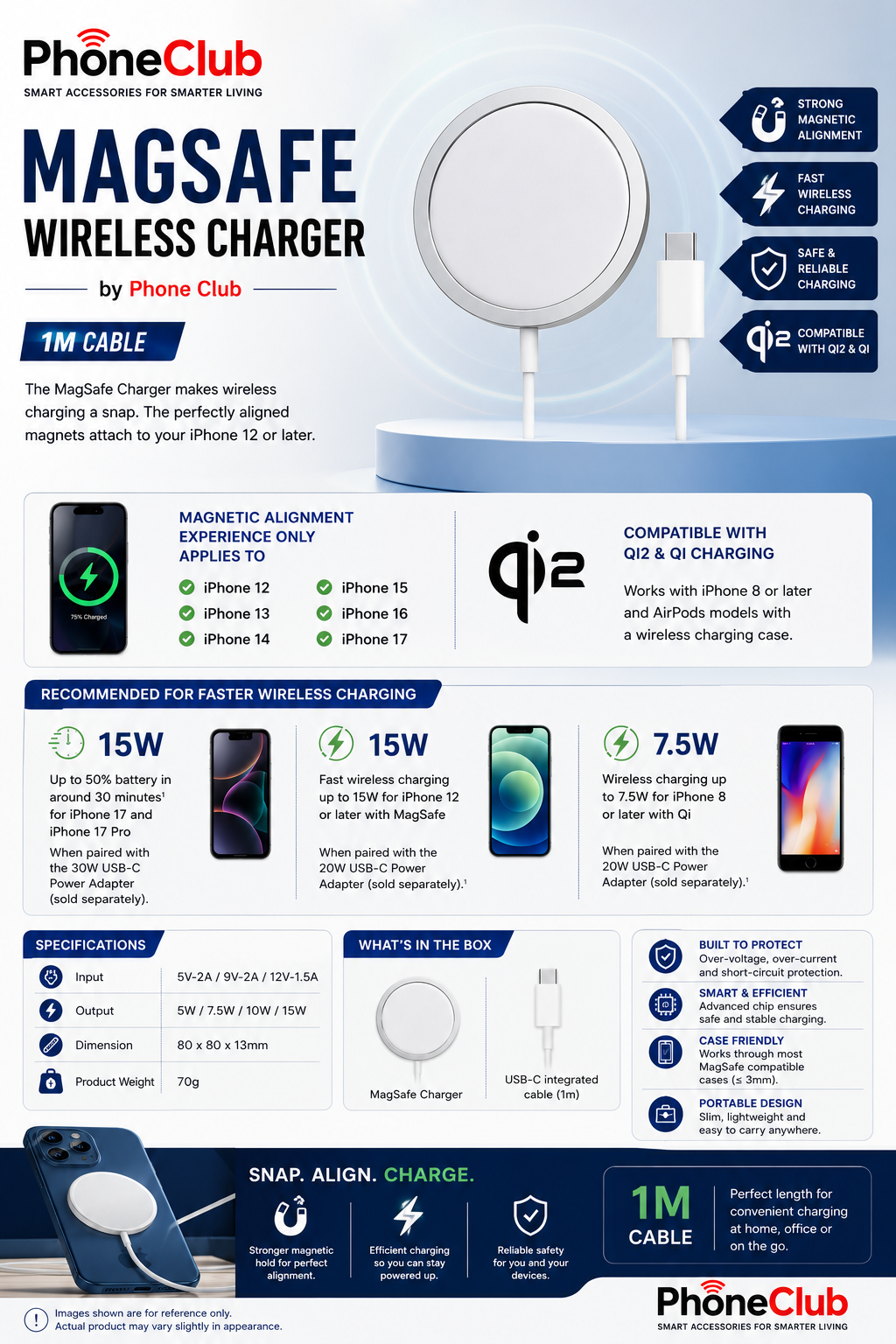 15W Magnetic Charger (1M Magsafe Charger) by Phone Club