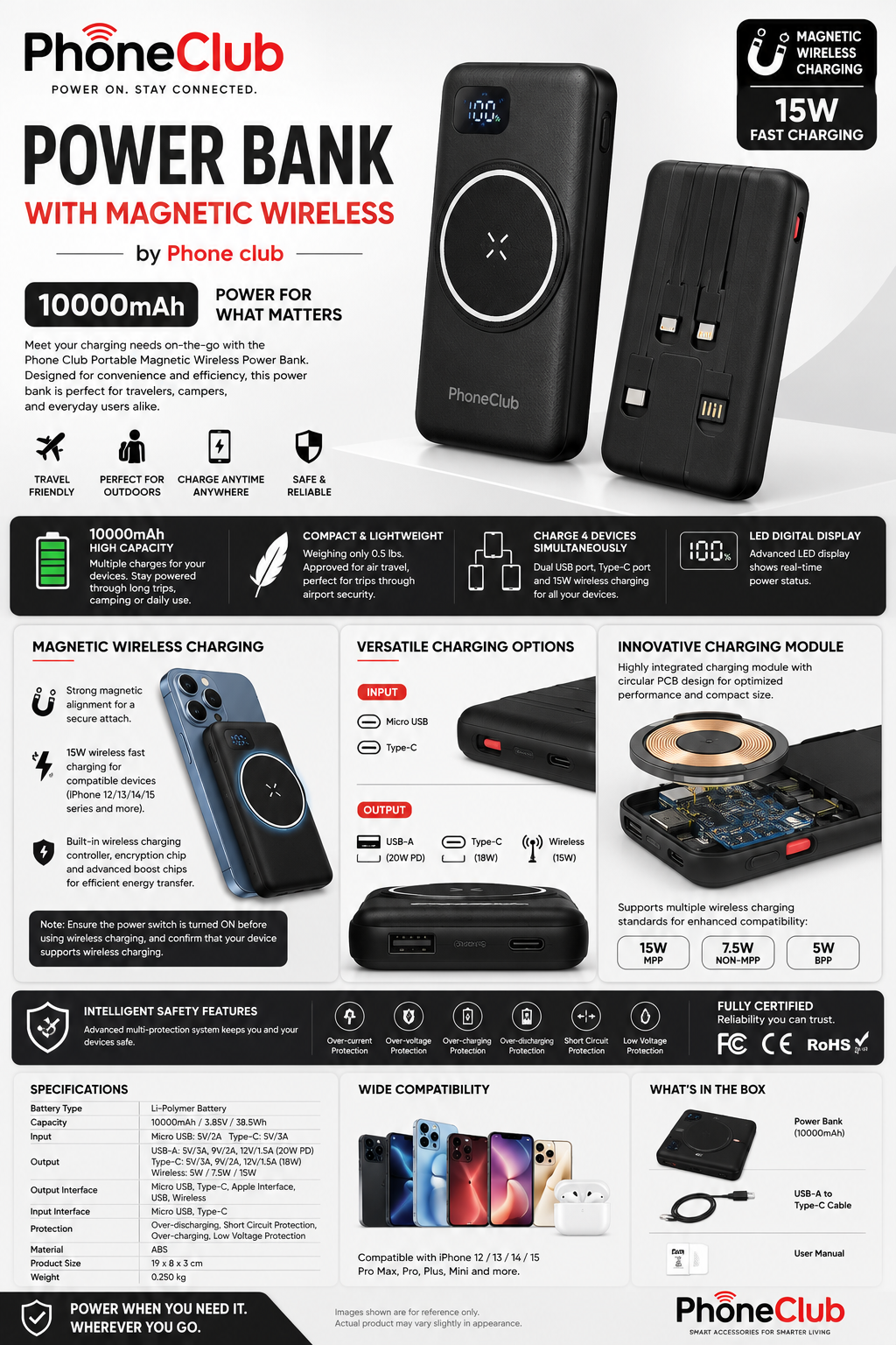 Phone Club Portable Magnetic Wireless 10000mAh Power Bank
