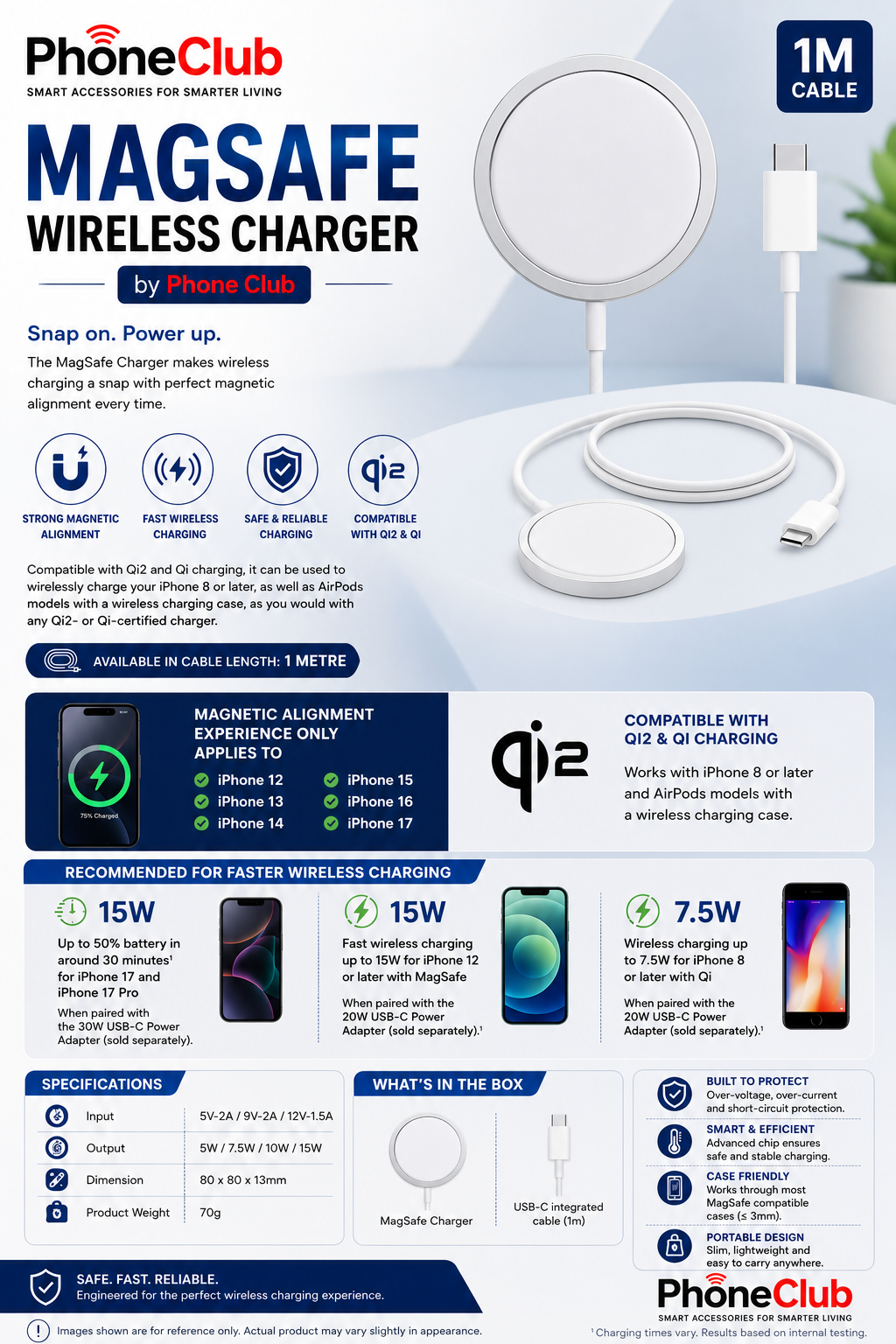 15W Magnetic Charger (1M Magsafe Charger) by Phone Club