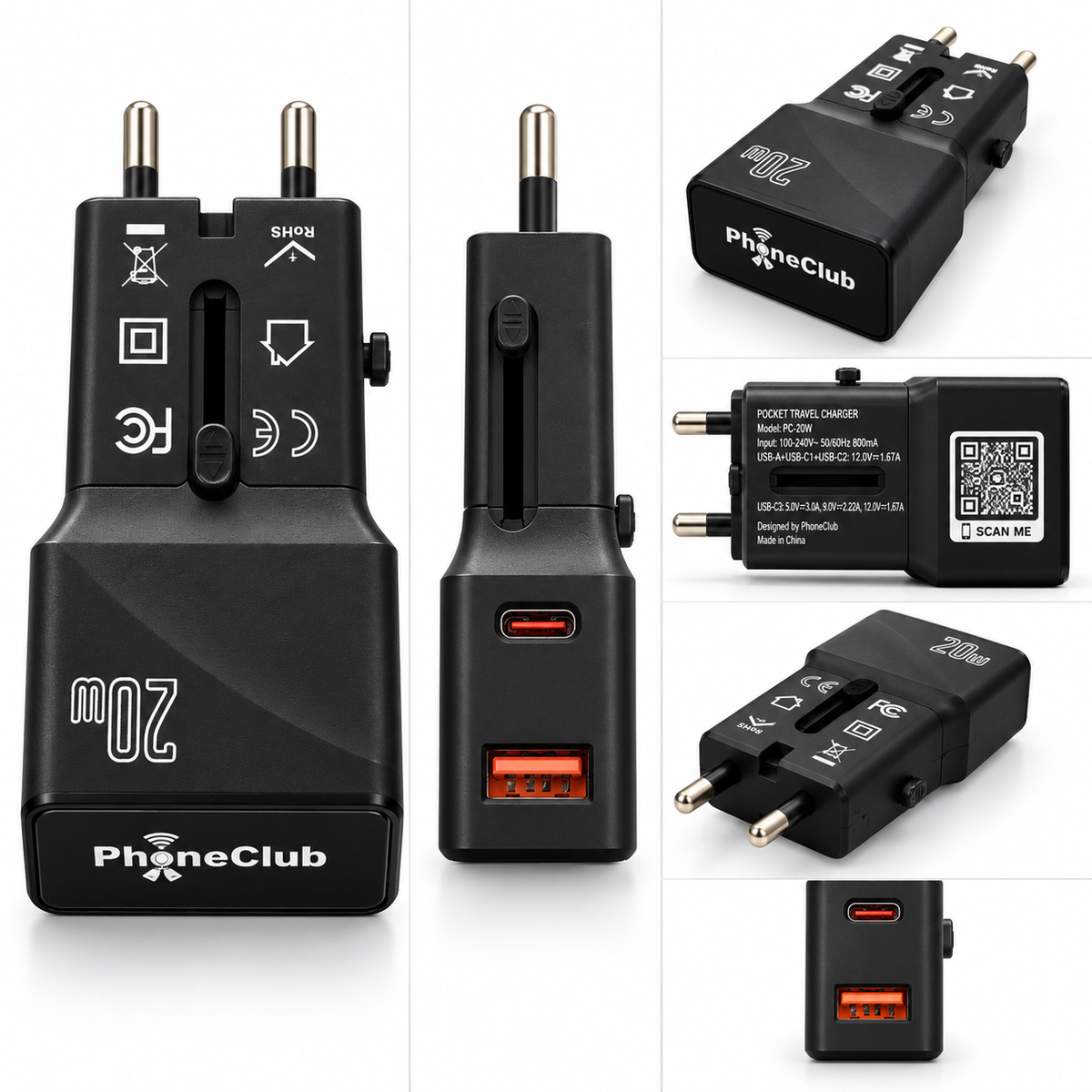 Phone Club 20W Dual Mini World Wide Travel Adapter