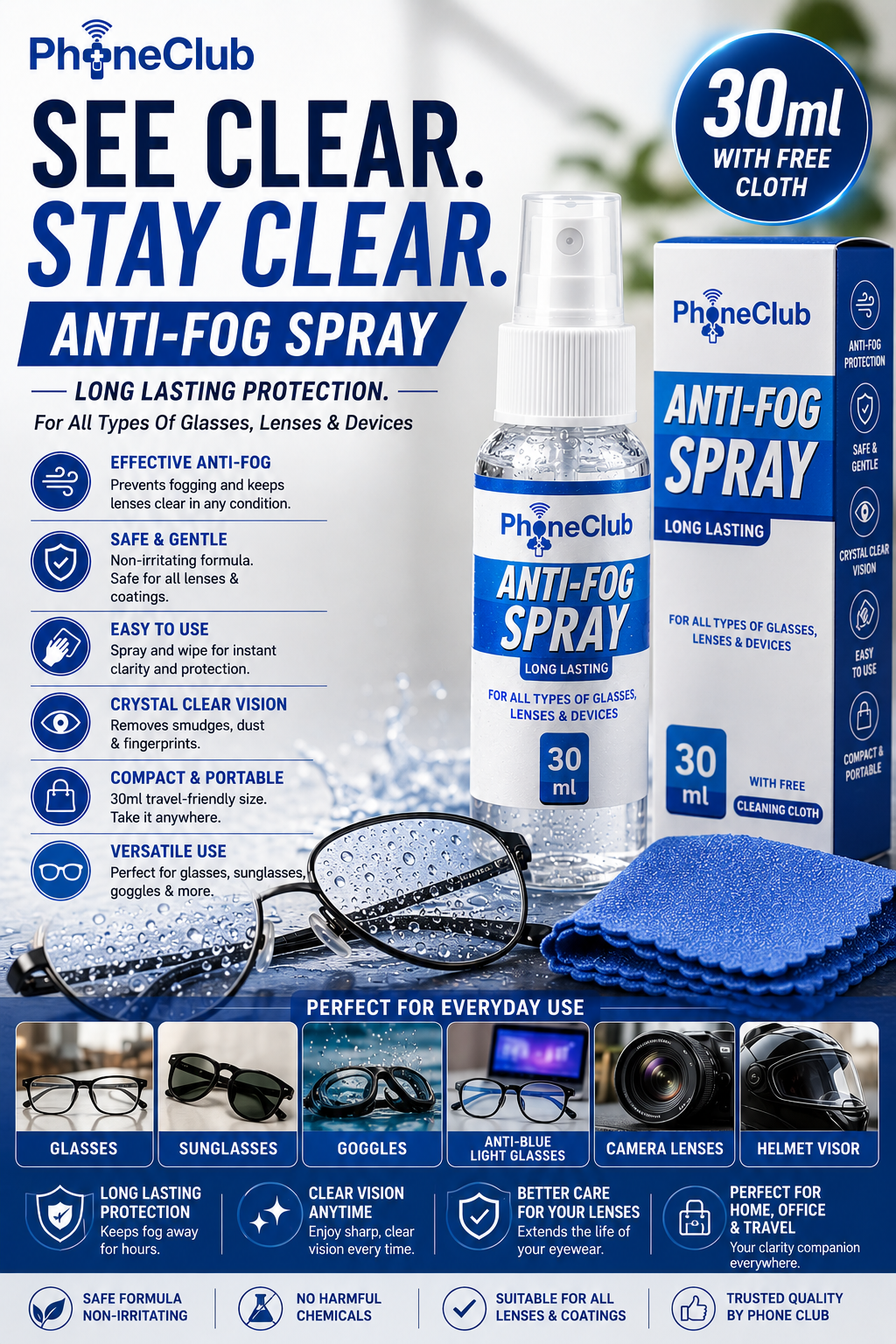 Phone Club 30ml Eyeglasses Anti-Fog Cleaning Spray