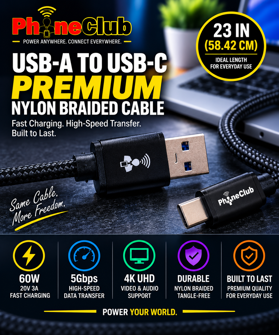 PHONE CLUB 58.42CM (23”) USB-A to USB-C 3.1 Gen2 Cable