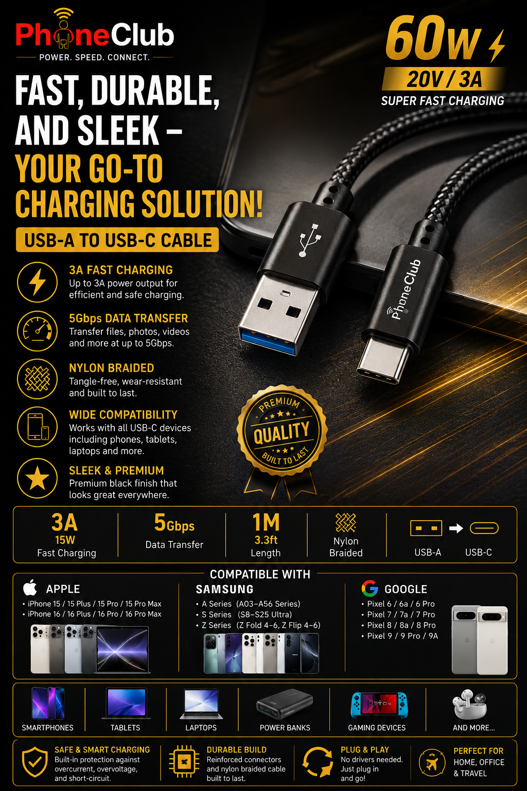 PHONE CLUB 1M (3.3ft) Nylon Braided USB-A to USB-C Cable