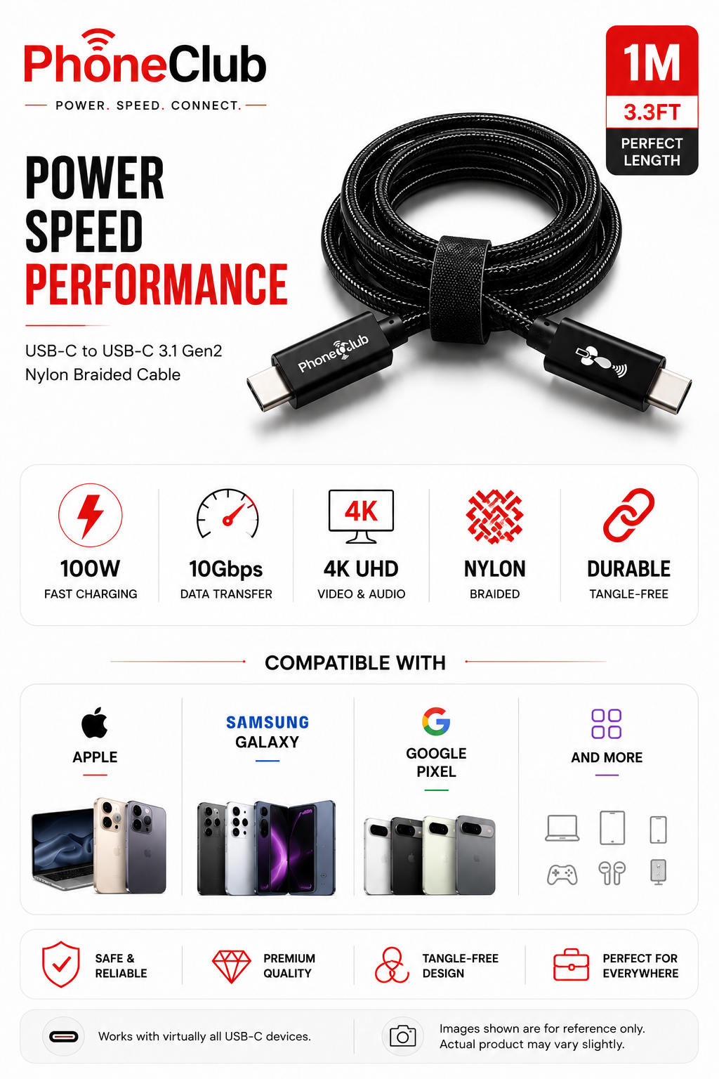 PHONE CLUB 1M (3.3ft) USB-C to USB-C 3.1 Gen2 Cable