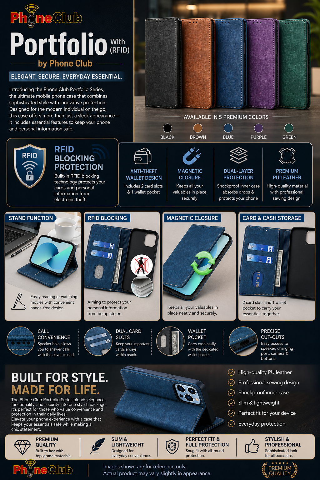 Portfolio by Phone Club Series Mobile Phone Case Elegance Meets Security with RFID Protection