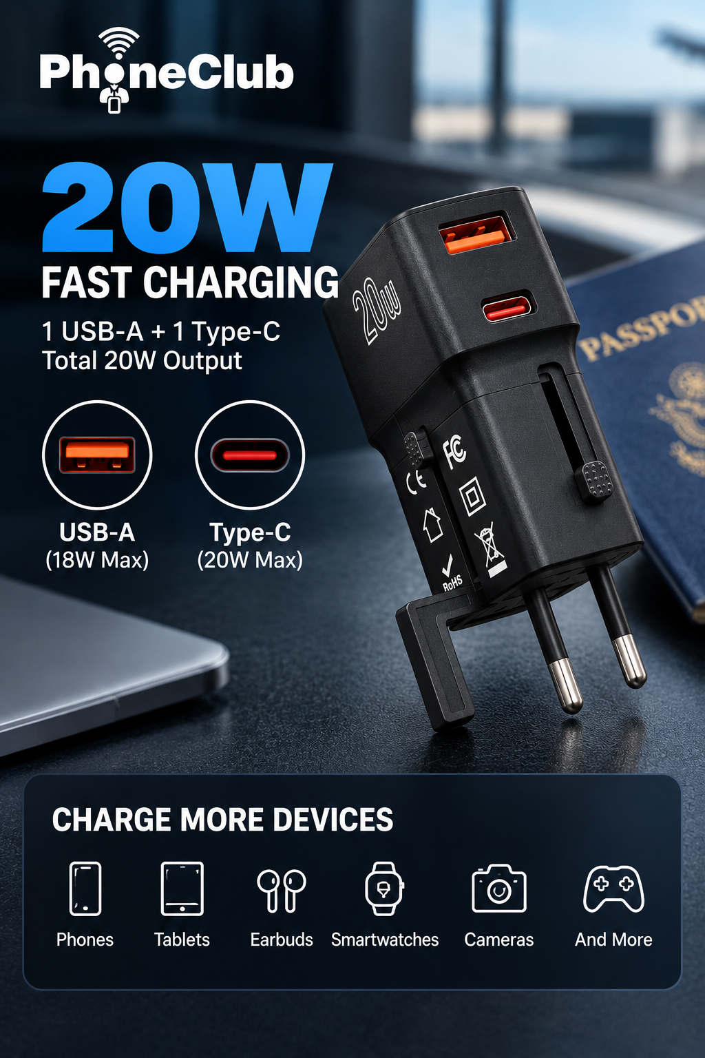 Phone Club 20W Dual Mini World Wide Travel Adapter